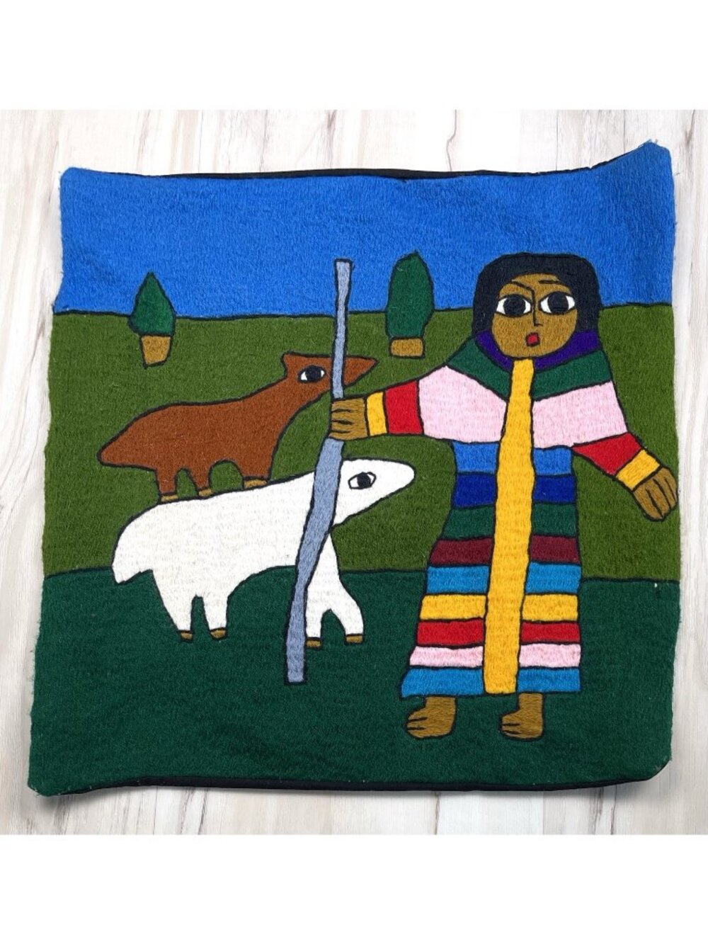 VTG 15" Square Ethiopian Embroidered PILLOW CASE Judaica Shepherd Folk Art